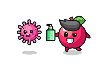 illustration of apple character chasing evil virus with hand sanitizer