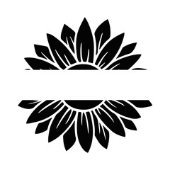 Sunflower split monogram. Flower silhouette vector illustration. Sunflower graphic logo, hand drawn icon for packaging, decor. Petals frame, black silhouette isolated on white background