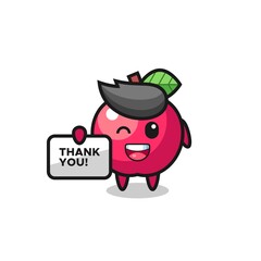 the mascot of the apple holding a banner that says thank you