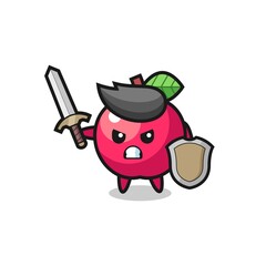 cute apple soldier fighting with sword and shield