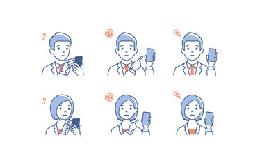 Set of avatars. Characters of business men and women. holding smartphone with negative emotion. Isolated on white background. Vector illustration in flat style.	