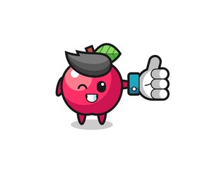 cute apple with social media thumbs up symbol