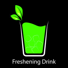 Refreshing drink with ice in linear style, vector art illustration.