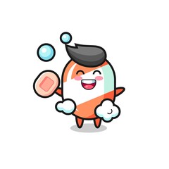 candy character is bathing while holding soap