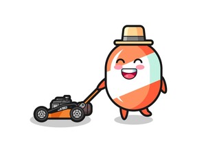 illustration of the candy character using lawn mower