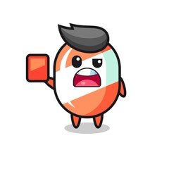 candy cute mascot as referee giving a red card