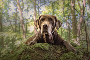 Brauner Labrador im Wald liegend