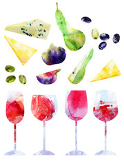Watercolor abstract red wine glasses, and snack illustration