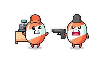 illustration of the cute candy as a cashier is pointed a gun by a robber