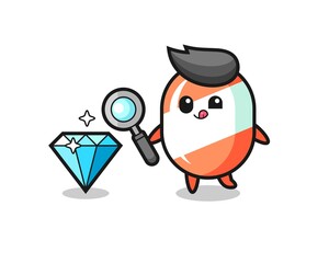 candy mascot is checking the authenticity of a diamond