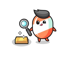 candy character is checking the authenticity of the gold bullion