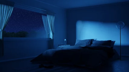 Foto op Canvas 3d rendering of bedroom with cozy low bed at night with starry sky © Brilliant Eye