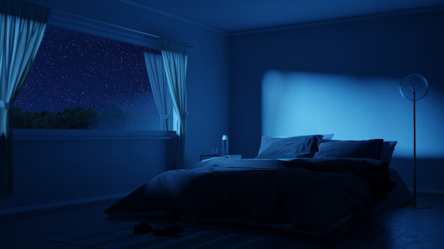 3d rendering of bedroom with cozy low bed at night with starry sky