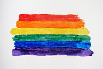 Rainbow color stripes symbol of LGBTQ gay Pride, top view, lgbt flag drawn strokes on white...