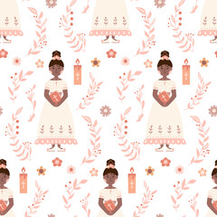 First communion little girl seamless pattern Christian background