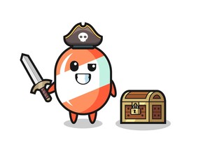 the candy pirate character holding sword beside a treasure box