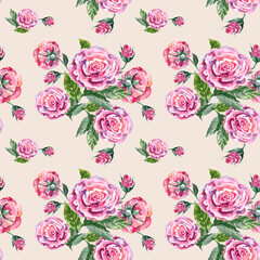 Watercolor seamless pattern with bouquet roses.