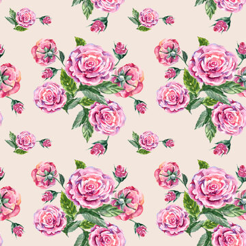 Watercolor seamless pattern with bouquet roses.