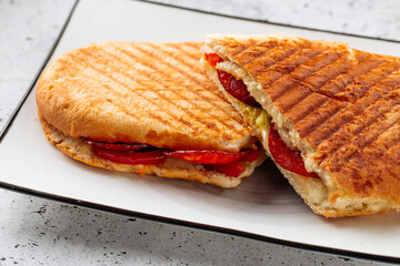 Fresh grilled panini pepperoni on a light background