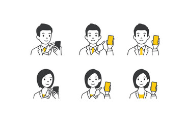Set of avatars. Characters of business men and women. holding smartphone. Isolated on white background. Vector illustration in flat style.	
