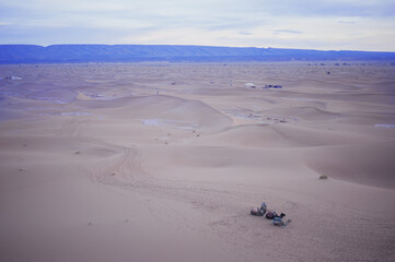 Fototapeta na wymiar camels a resting under the dune not far from the camp in the endless expanses of the Sahara huge sand dunes at dawn of sunrise 