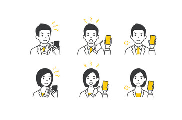 Naklejka premium Set of avatars. Characters of business men and women. holding smartphone with angry face. Isolated on white background. Vector illustration in flat style. 
