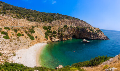 Fototapeta premium Panoramic tropical sea, cove and beach landscape from Kas, Antalya, Turkey. Holiday, travel and tourism concept. Finike - Demre way.