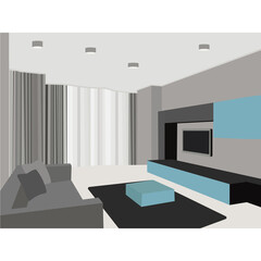 living space interior in gray with blue, a room with a sofa, table, window, curtains, TV