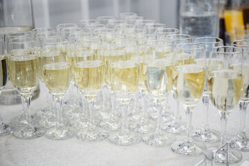 Set of a glass of champagne, drinks on the buffet festive table for guests