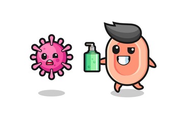 illustration of soap character chasing evil virus with hand sanitizer