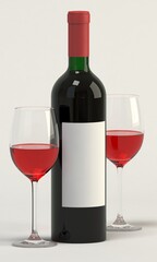 Wine bottle with blank label and two glasses 3D render
