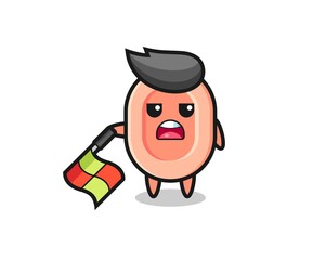 soap character as line judge hold the flag down at a 45 degree angle