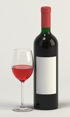 Wine bottle with blank label and glass 3d render on white background