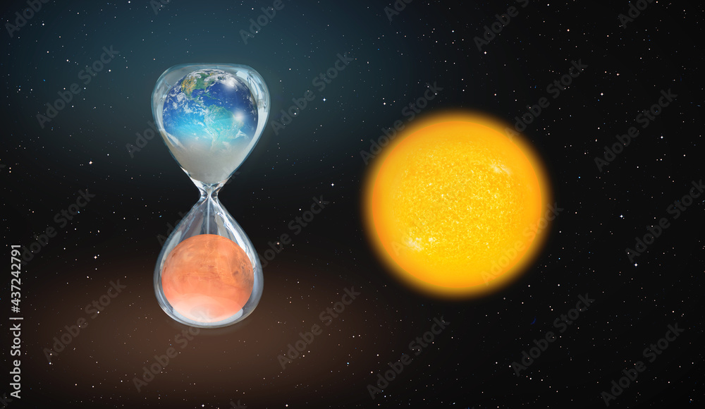 Fototapete Global warming concept - Planet Earth is becoming a dead planet like Mars - Hourglass inside Planet Earth and Mars isolated on black background 