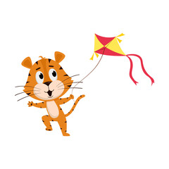 A tiger runs with a kite. Cute cartoon character. The tiger is the symbol of the year 2022. Vector illustration for children. Isolated on a white background.