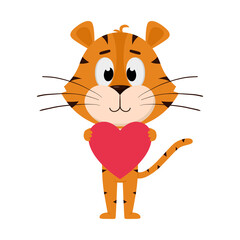 The tiger embraces, holds the heart in its paws. Cute cartoon character. The tiger is the symbol of the year 2022. Vector illustration for children. Isolated on a white background.