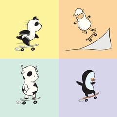 animals on skateboard doodle vector illustration
