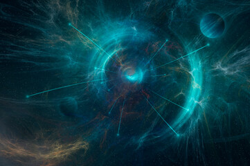 A science fiction concept. Looking at a portal appearing in front of a universe of stars and planets.