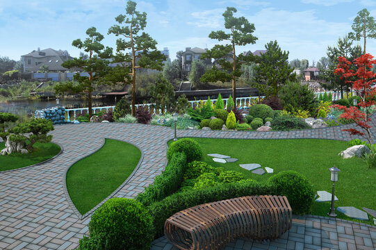 Lakefront garden design features integrated into the natural environment, 3D render