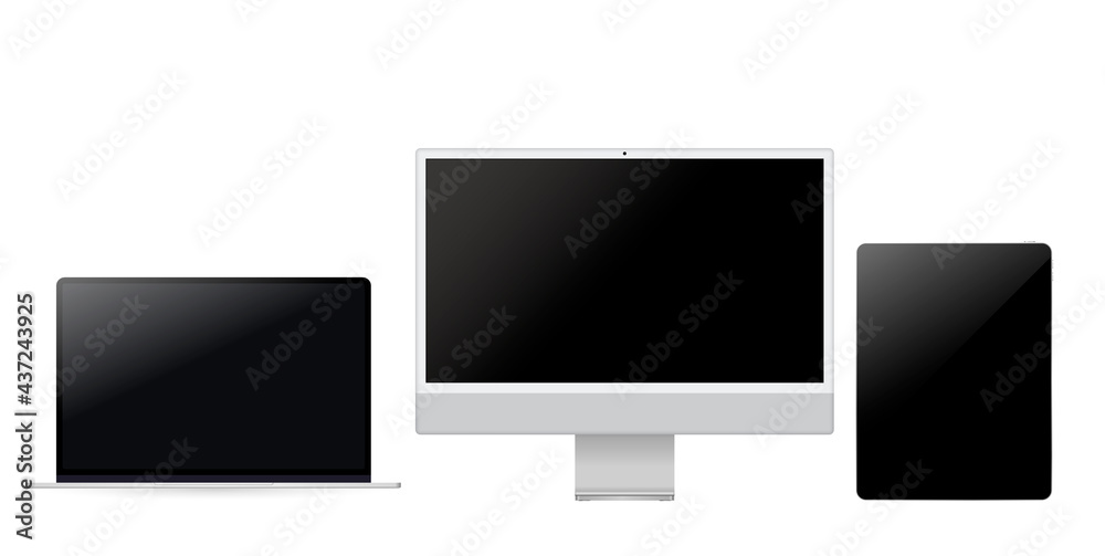 Poster Mockup of laptop, tablet pc and frame Computer monitor. Responsive web design devices mock up.