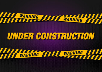 Under construction sign with caution and danger ribbon over pavement background