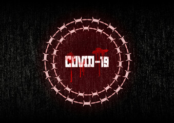 covid-19 passport concept with barbed wire and blood on grunge background. conspiracy theory concept. - 437244143