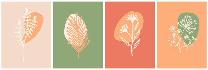 Collection of abstract minimal botanical illustrations with round backgrounds. Bundle of separate vector plants and geometrical elements in earthy tones.