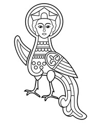 Sirin, Siren, Paradise Bird, Firebird. Printable Coloring page for kids.
