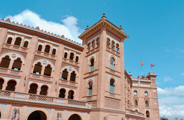 Exterior of bullfighting arena from outside of the street in Madrid, Spain. Arabic neo mudejar...