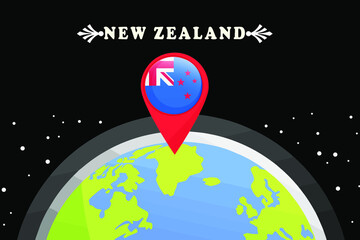 New Zealand Flag in the location mark on the globe