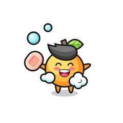 orange fruit character is bathing while holding soap