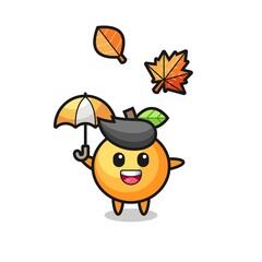 cartoon of the cute orange fruit holding an umbrella in autumn