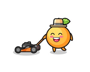 illustration of the orange fruit character using lawn mower