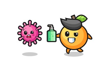 illustration of orange fruit character chasing evil virus with hand sanitizer